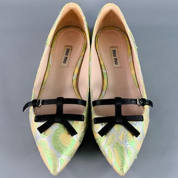 MIU MIU Size 8.5 Green Silver Paisley Textured Pointed Toe Bow Flats - Picture 4 of 8